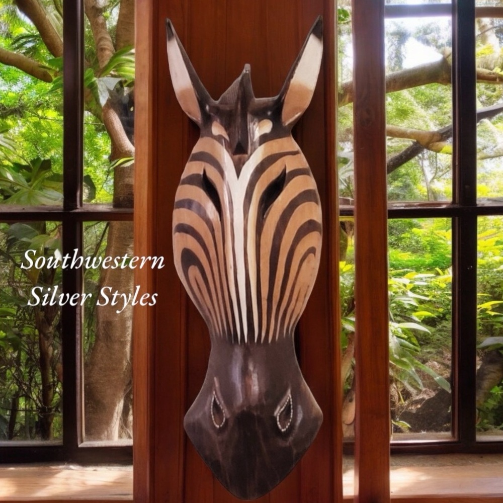 NEW Hand Craved Painted Brown White Striped Wood African Tribal Zebra Face Mask